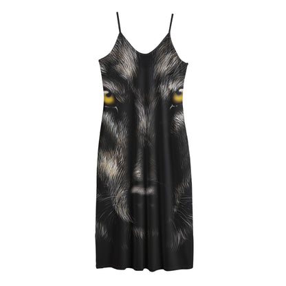 Black Wolf Portrait Print Jersey Midi Cami Dress
