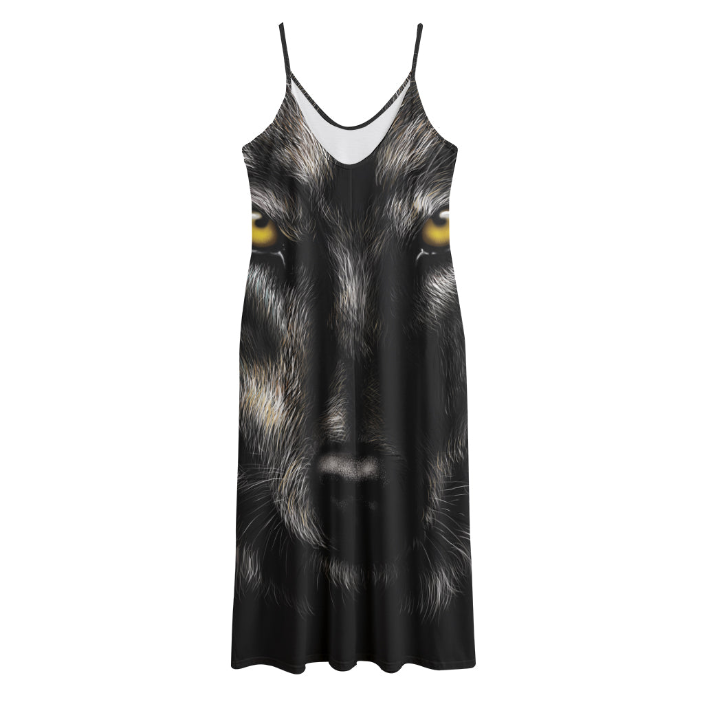 Black Wolf Portrait Print Jersey Midi Cami Dress