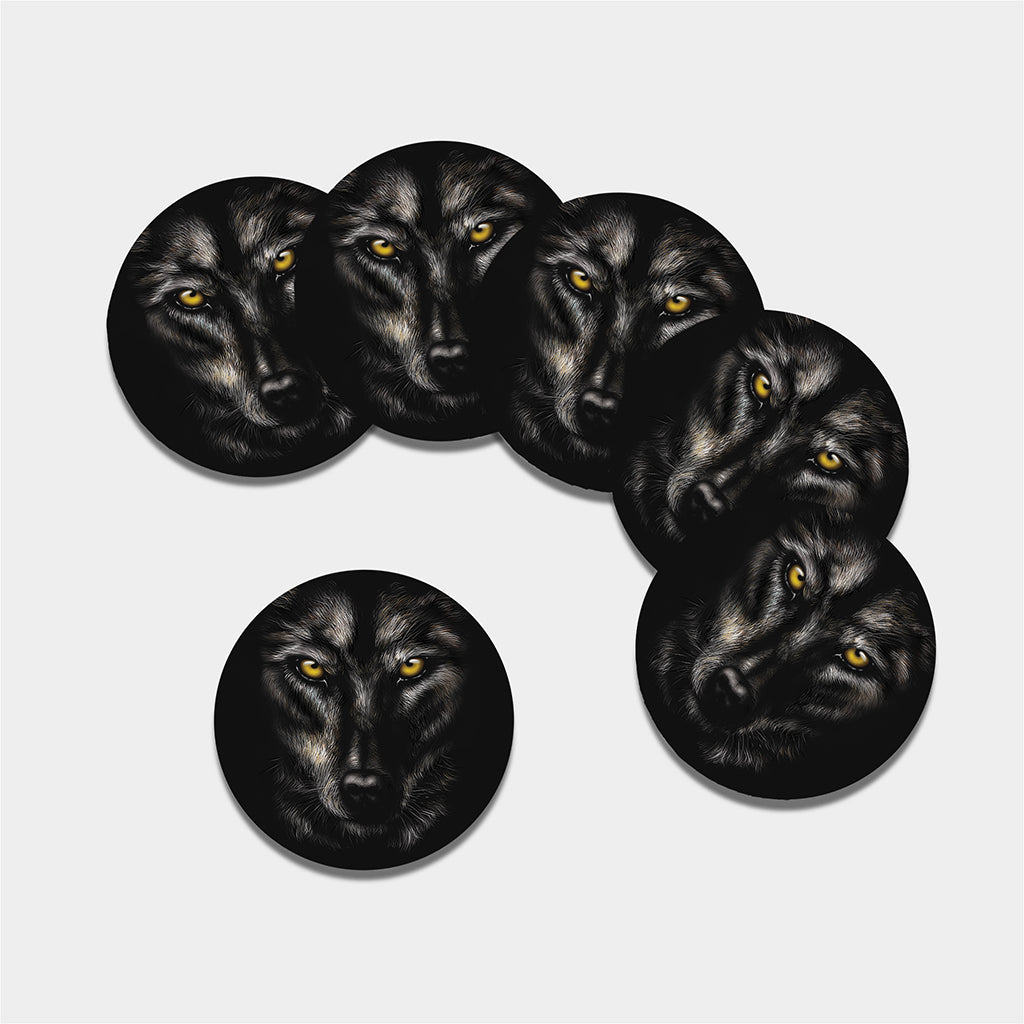 Black Wolf Portrait Print Leather Coaster Set