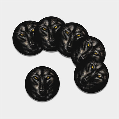 Black Wolf Portrait Print Leather Coaster Set
