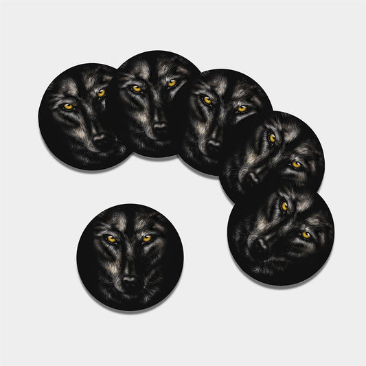 Black Wolf Portrait Print Leather Coaster Set