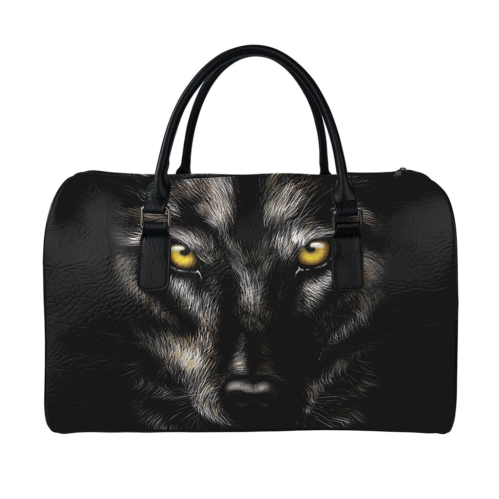 Black Wolf Portrait Print Leather Duffle Bag