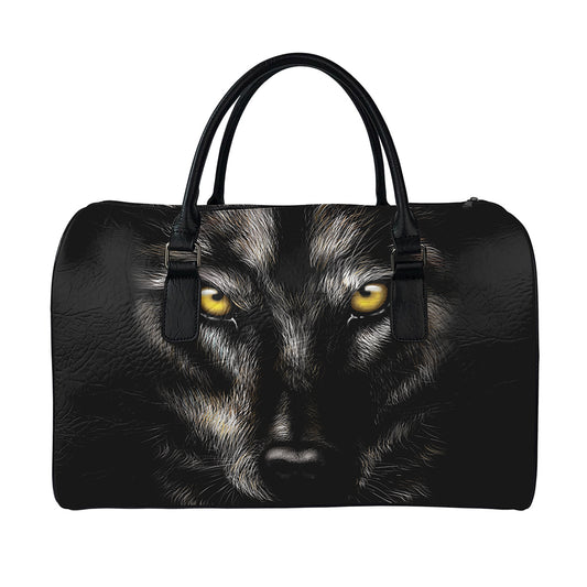 Black Wolf Portrait Print Leather Duffle Bag