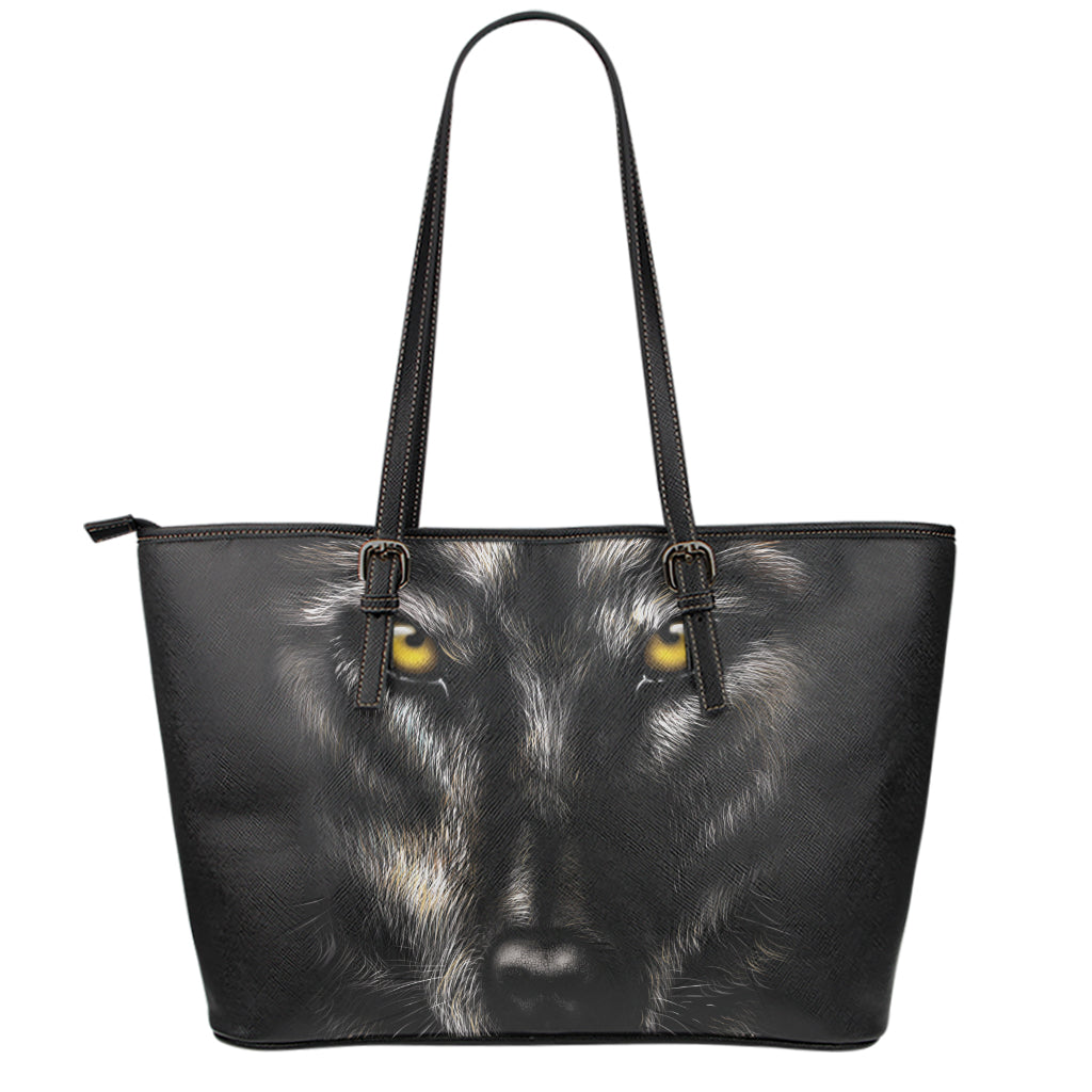 Black Wolf Portrait Print Leather Tote Bag