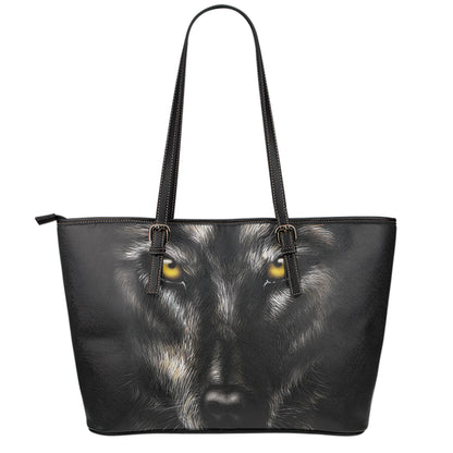 Black Wolf Portrait Print Leather Tote Bag
