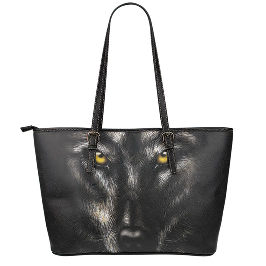Black Wolf Portrait Print Leather Tote Bag
