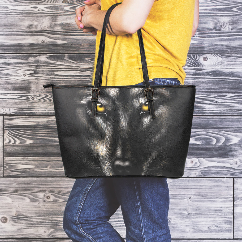 Black Wolf Portrait Print Leather Tote Bag