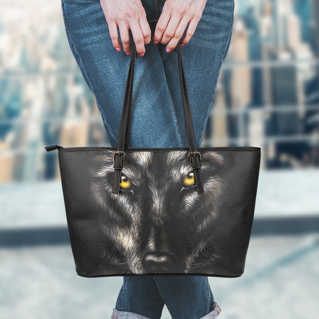Black Wolf Portrait Print Leather Tote Bag