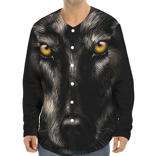Black Wolf Portrait Print Long Sleeve Baseball Jersey