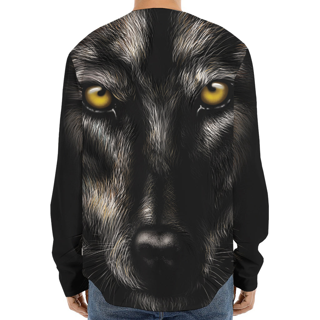 Black Wolf Portrait Print Long Sleeve Baseball Jersey