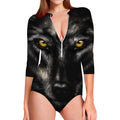 Black Wolf Portrait Print Long Sleeve Swimsuit