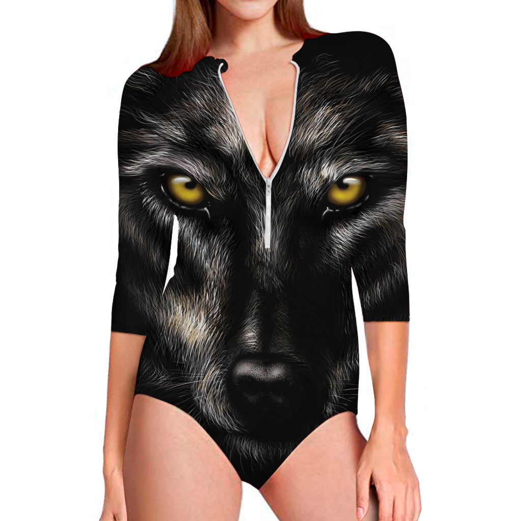 Black Wolf Portrait Print Long Sleeve Swimsuit