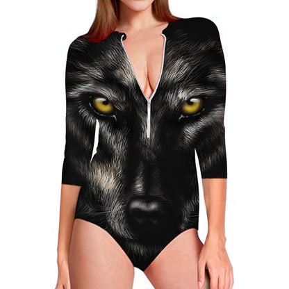 Black Wolf Portrait Print Long Sleeve Swimsuit