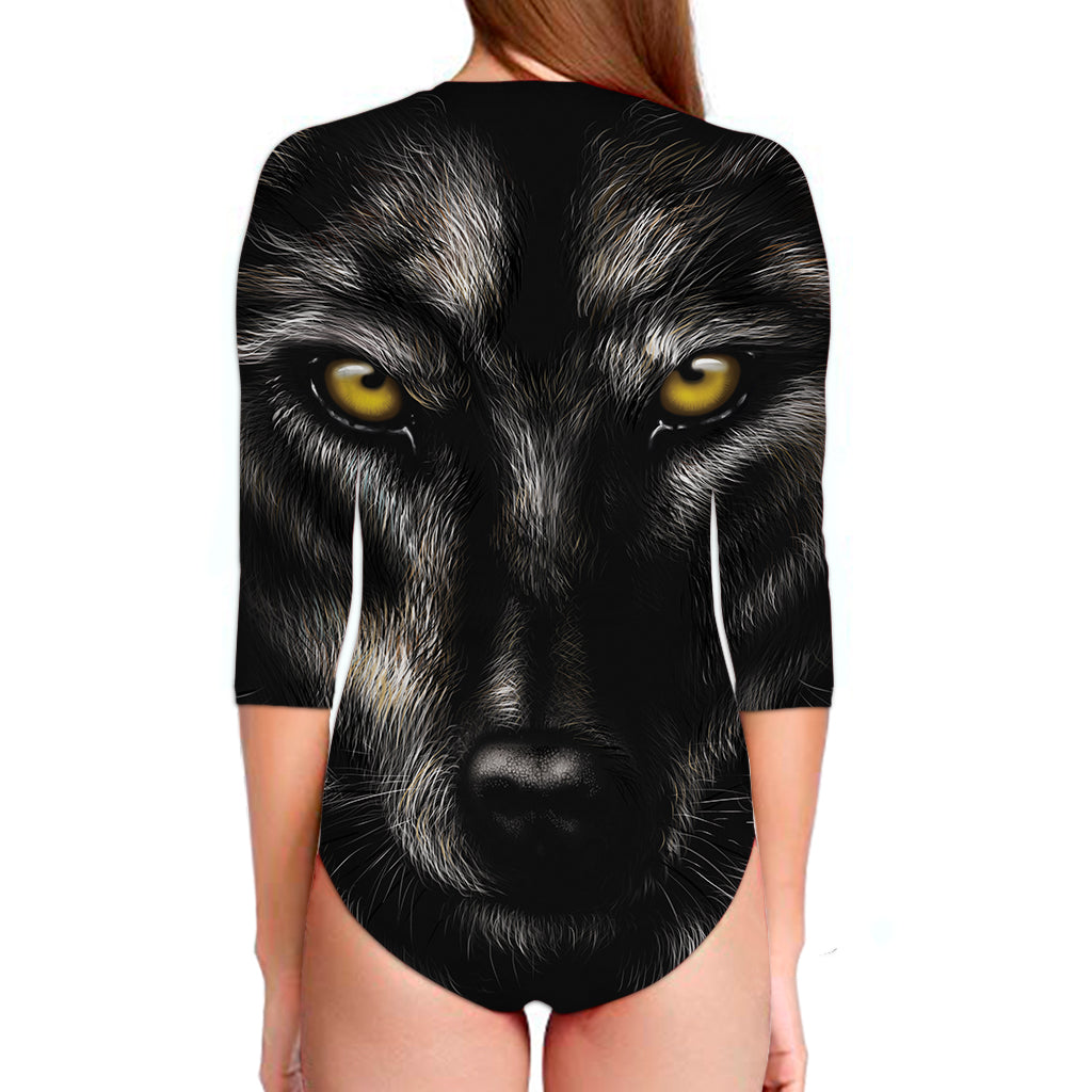 Black Wolf Portrait Print Long Sleeve Swimsuit