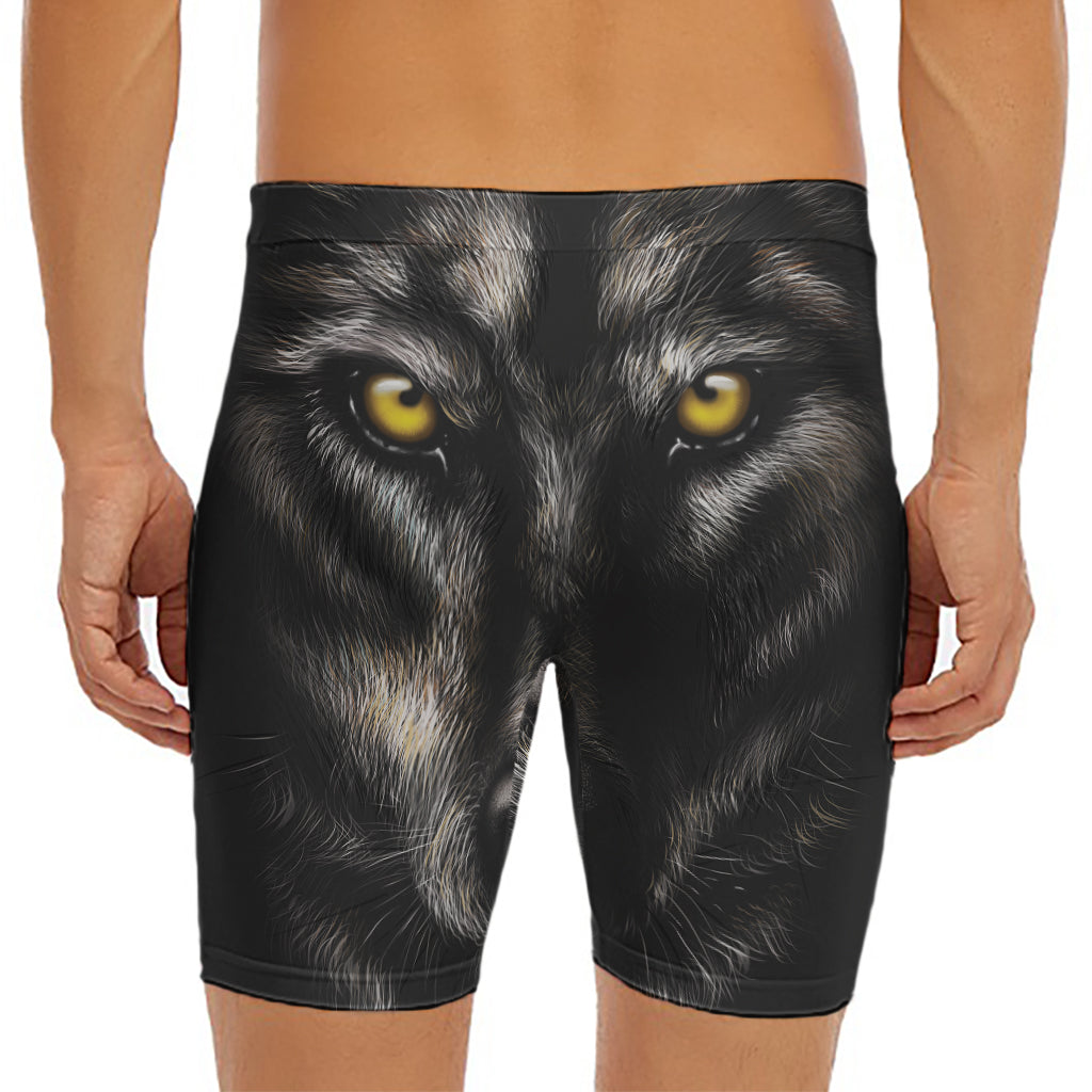 Black Wolf Portrait Print Men's Long Boxer Briefs