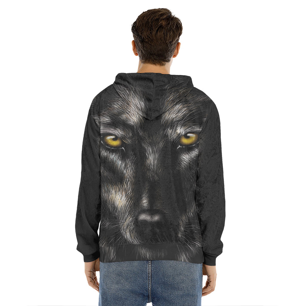 Black Wolf Portrait Print Men's Velvet Pullover Hoodie