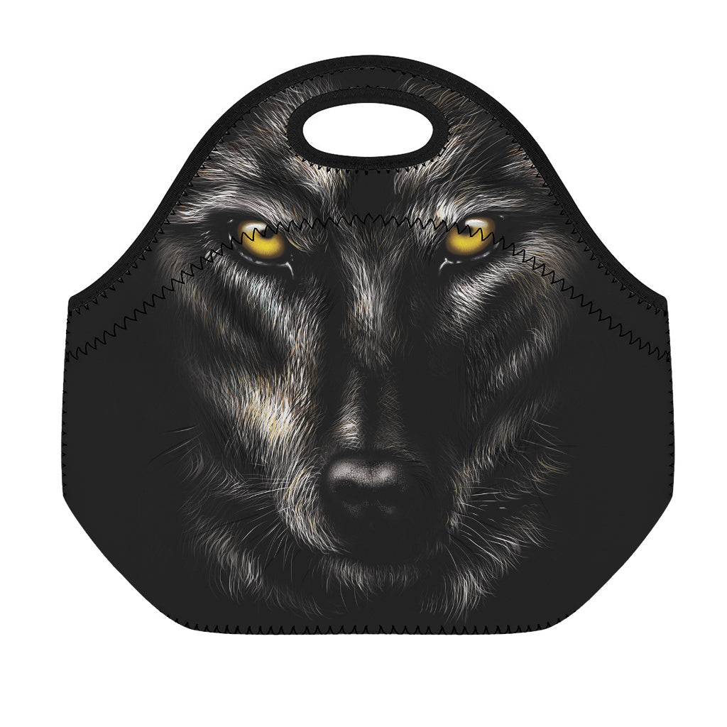 Black Wolf Portrait Print Neoprene Lunch Bag