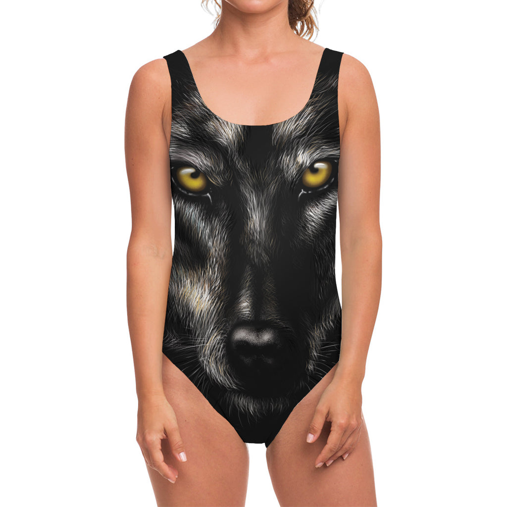 Black Wolf Portrait Print One Piece Swimsuit
