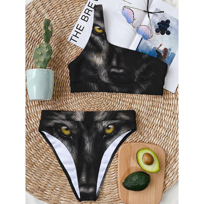 Black Wolf Portrait Print One Shoulder Bikini Top
