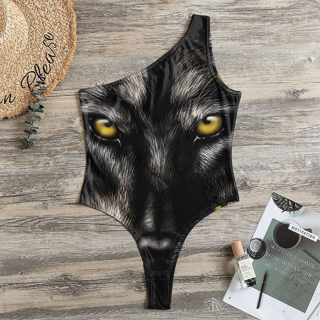 Black Wolf Portrait Print One Shoulder Bodysuit