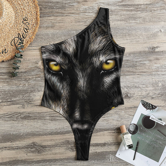 Black Wolf Portrait Print One Shoulder Bodysuit