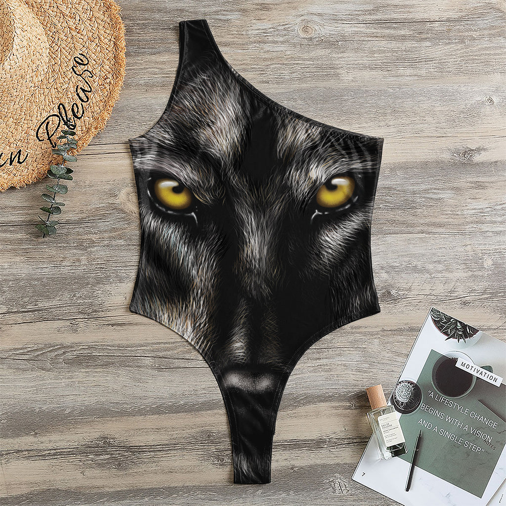 Black Wolf Portrait Print One Shoulder Bodysuit