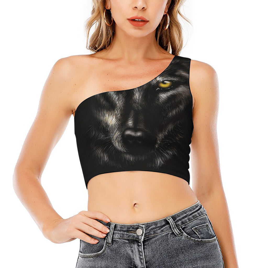 Black Wolf Portrait Print One Shoulder Crop Top