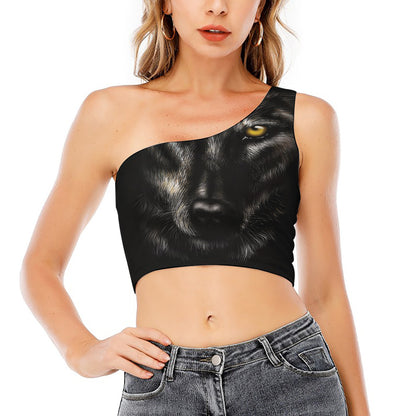 Black Wolf Portrait Print One Shoulder Crop Top