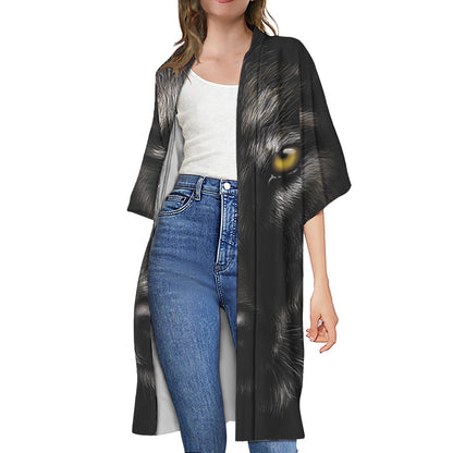 Black Wolf Portrait Print Open Front Beach Cover Up
