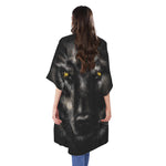 Black Wolf Portrait Print Open Front Beach Cover Up
