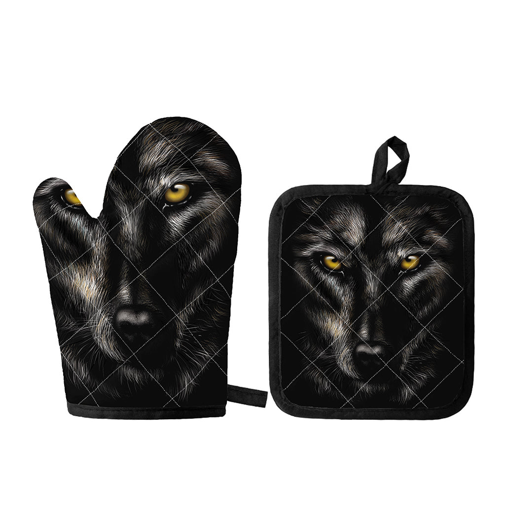 Black Wolf Portrait Print Oven Mitt And Pot Holder Set