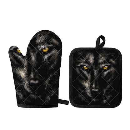 Black Wolf Portrait Print Oven Mitt And Pot Holder Set