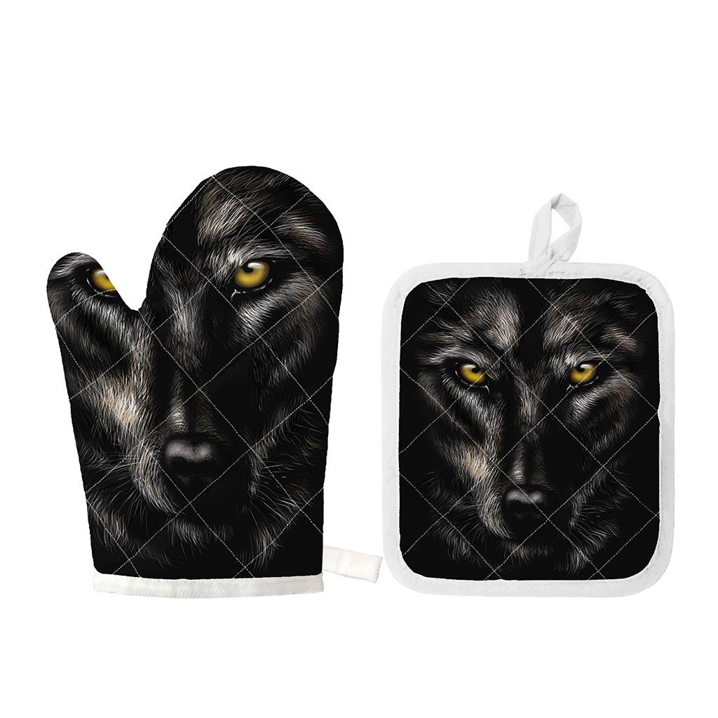 Black Wolf Portrait Print Oven Mitt And Pot Holder Set