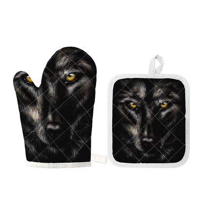 Black Wolf Portrait Print Oven Mitt And Pot Holder Set