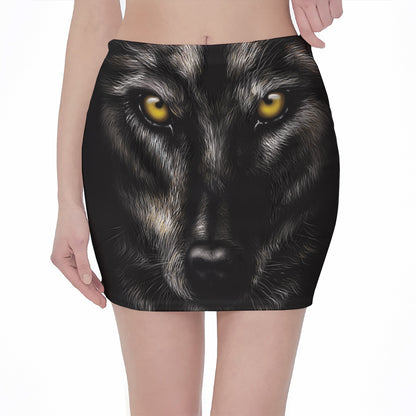 Black Wolf Portrait Print Pencil Mini Skirt