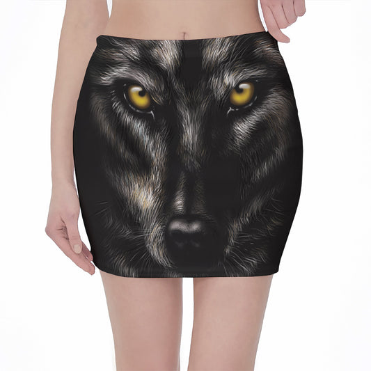 Black Wolf Portrait Print Pencil Mini Skirt