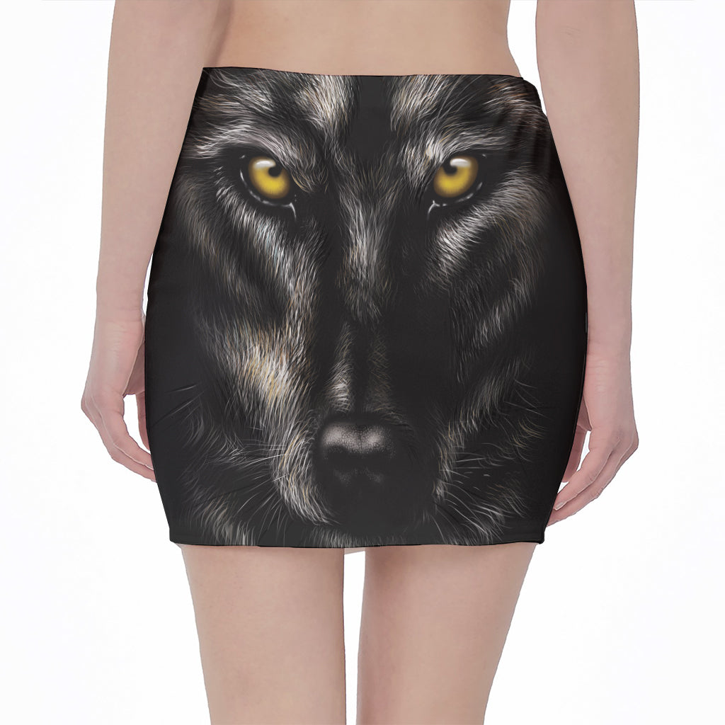 Black Wolf Portrait Print Pencil Mini Skirt