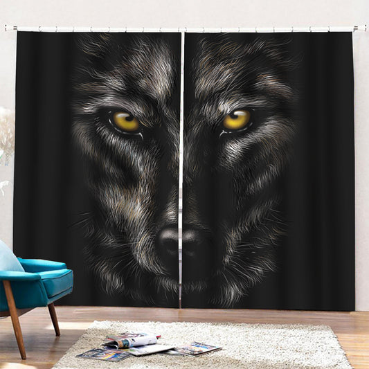 Black Wolf Portrait Print Pencil Pleat Curtains