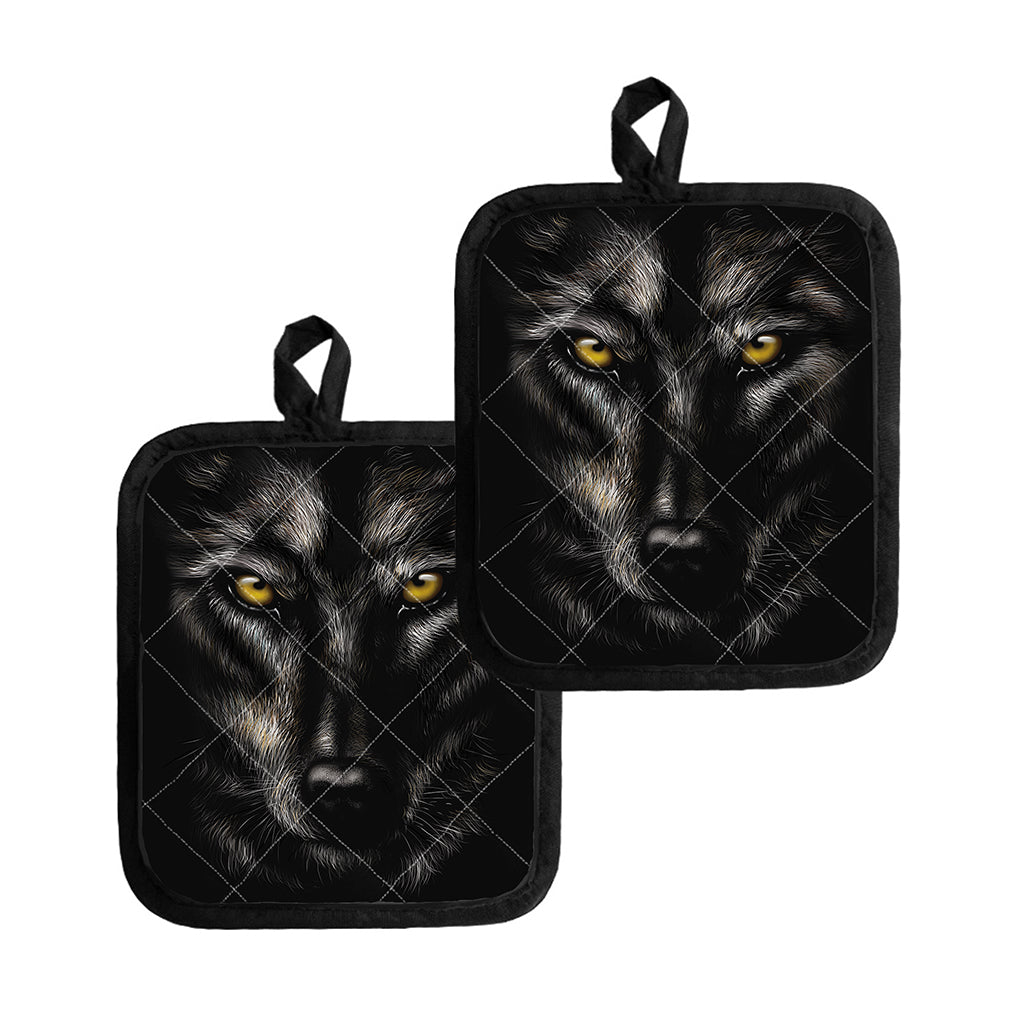 Black Wolf Portrait Print Pot Holders