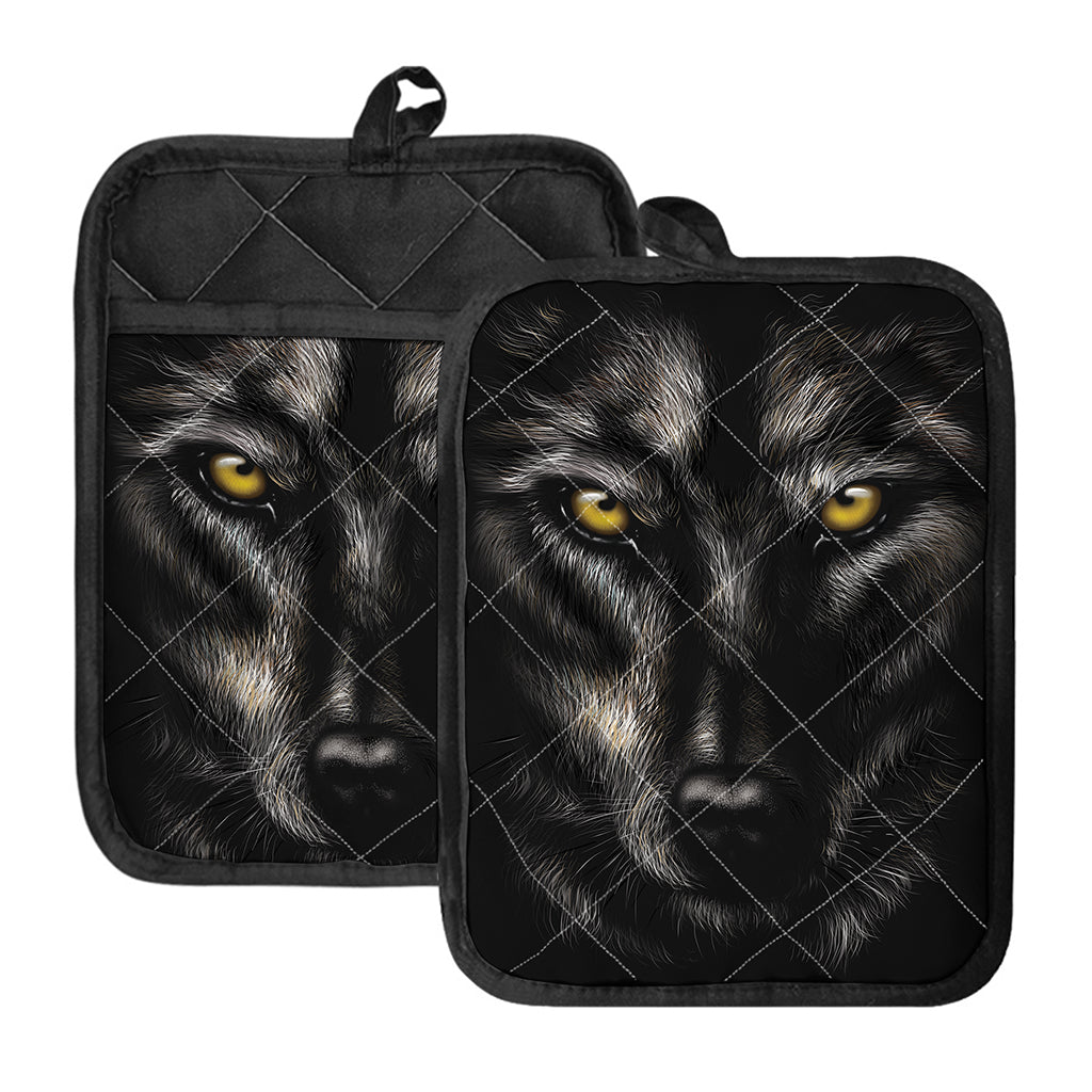 Black Wolf Portrait Print Pot Holders With Pocket