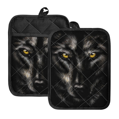 Black Wolf Portrait Print Pot Holders With Pocket
