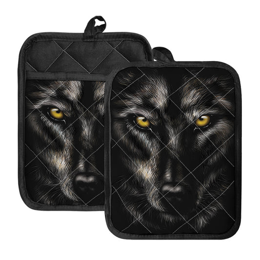 Black Wolf Portrait Print Pot Holders With Pocket