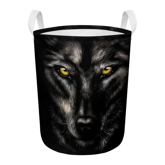 Black Wolf Portrait Print Round Laundry Basket