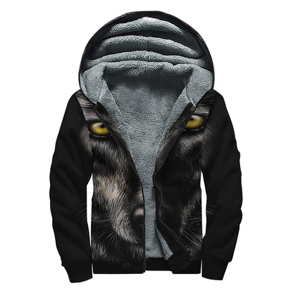 Black Wolf Portrait Print Sherpa Lined Zip Up Hoodie