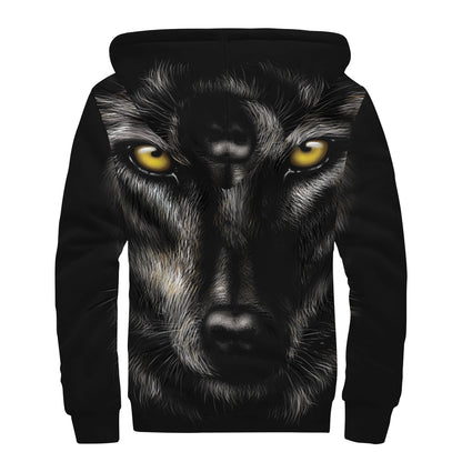 Black Wolf Portrait Print Sherpa Lined Zip Up Hoodie