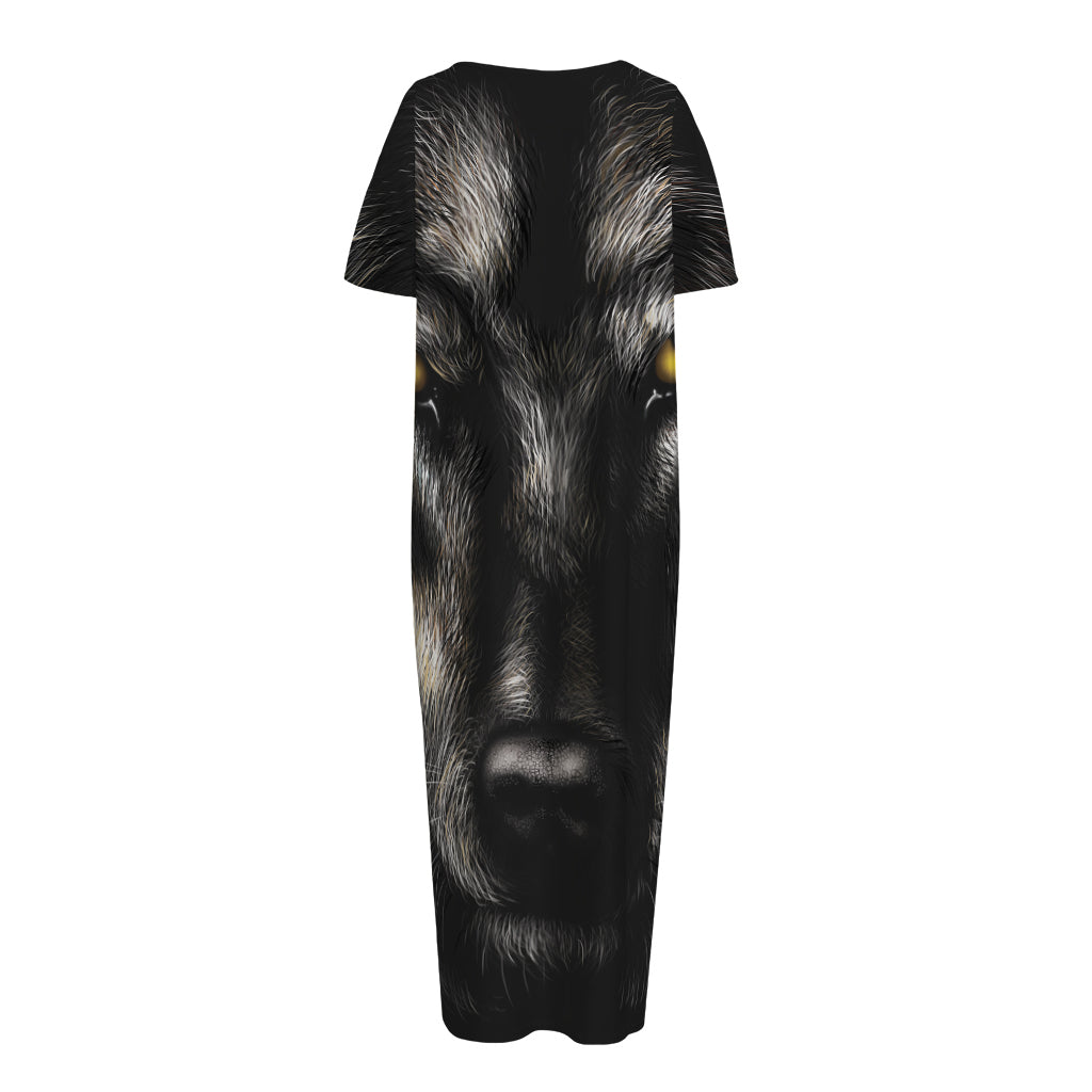 Black Wolf Portrait Print Short Sleeve Long Nightdress