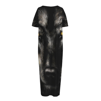Black Wolf Portrait Print Short Sleeve Long Nightdress