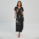 Black Wolf Portrait Print Short Sleeve Maxi Dress