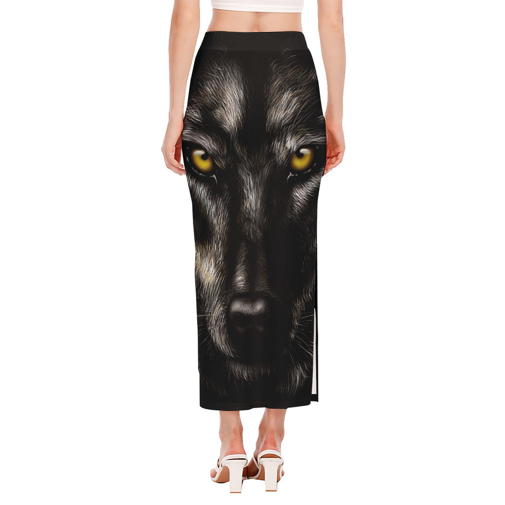 Black Wolf Portrait Print Side Slit Maxi Skirt
