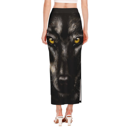 Black Wolf Portrait Print Side Slit Maxi Skirt